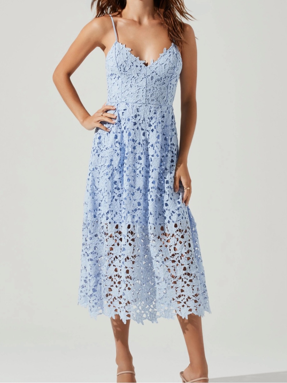 Astr Light Blue Lace Midi Dress with Slim Straps
